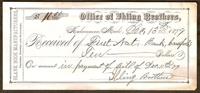 1879 RECEIPT Cassopolis MI KALAMAZOO Uhling Bros. BOOKS