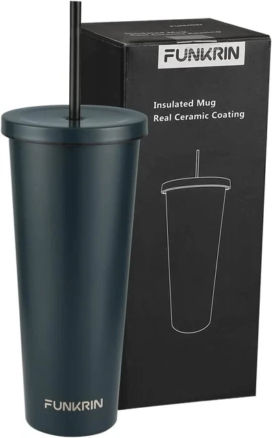Funkrin Insulated Coffee Mug Tumbler with Lid and Straw, 24oz Ceramic Lined -NEW