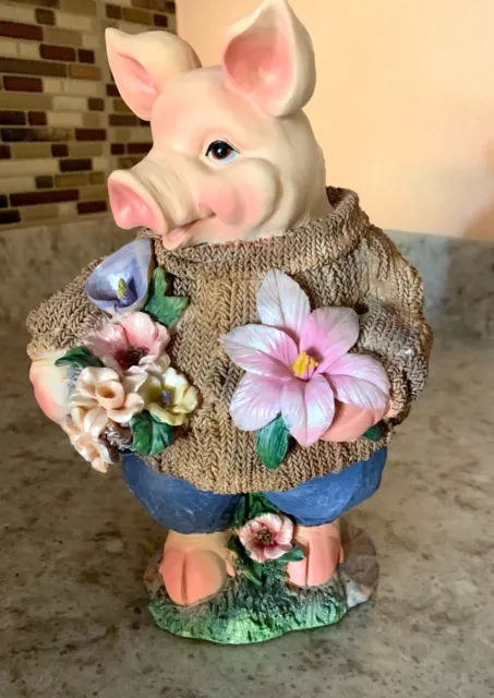 Pig Figurine w/Garden Flowers Standing 10” Tall Resin Tabletop Statue Home Decor