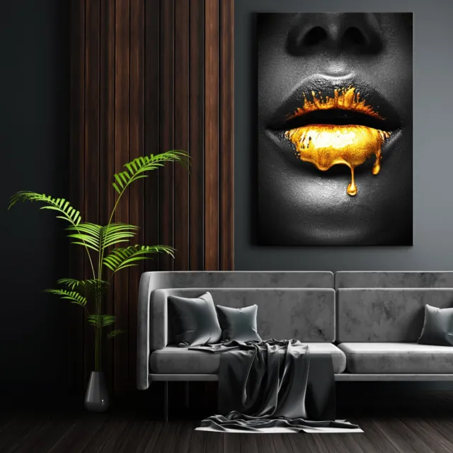 Goldschwarze Lippen gesicht Leinwand bilder Frau , Kunstdruck wandbild