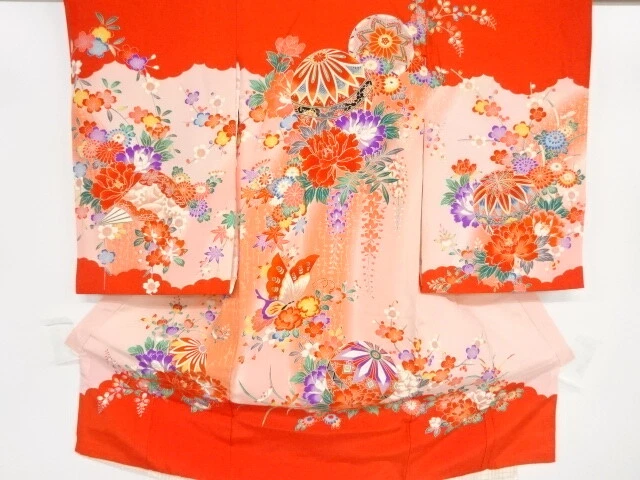 46202# Japanese Kimono / Antique Kimono For Girls / Butterflies & Floral Pla