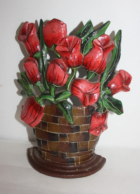 Cast Iron Door Stop Stay Basket of Flowers Tulips 7.5" X 9"