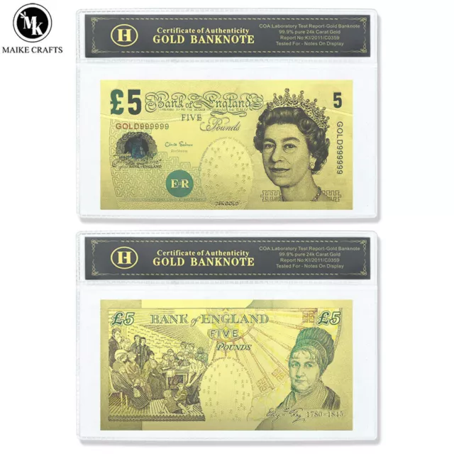 British 5 Pound Elizabeth II Gold Foil Banknote with COA Certificate Card Sleeve