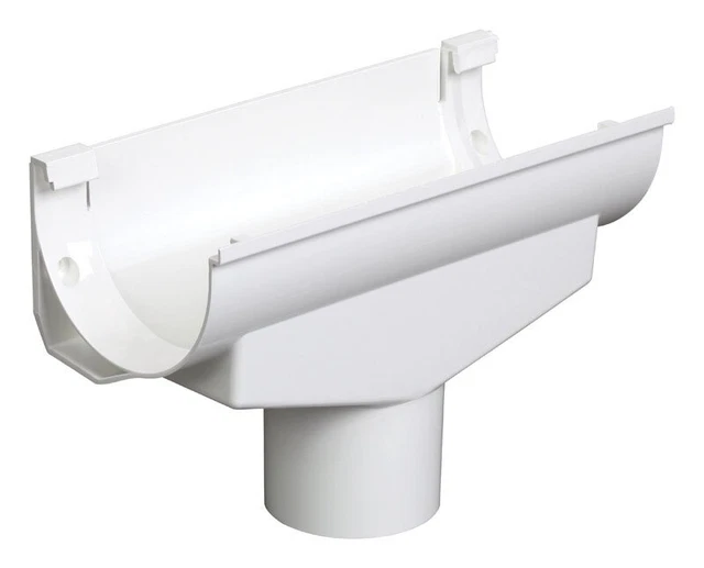 Plastmo Classic White Vinyl Half Round Expansion Center Gutter Drop Outlet 4 x 2