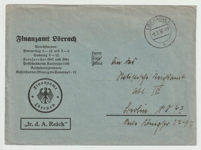 ABLÖSUNG REICH FINANZAMT Lörrach 6.2.36 an stat. Reichsamt Berlin EUR 2