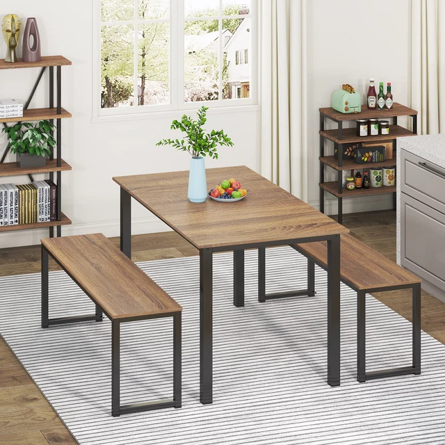 3 Piece Dining Table Set Breakfast Nook with Two Benches for Dining Room, Brown