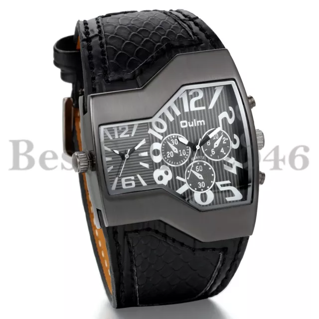 Mens Large Face Dual Time Quartz Analog Wide Leather Wrist Military Sport Watch