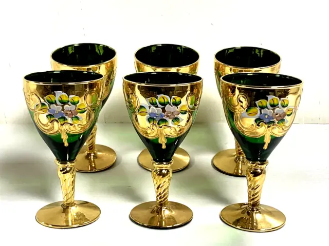 Vintage Czech Bohemian Venetian Gold Gilded Green Glass Set Of 6 Glasses (9D)