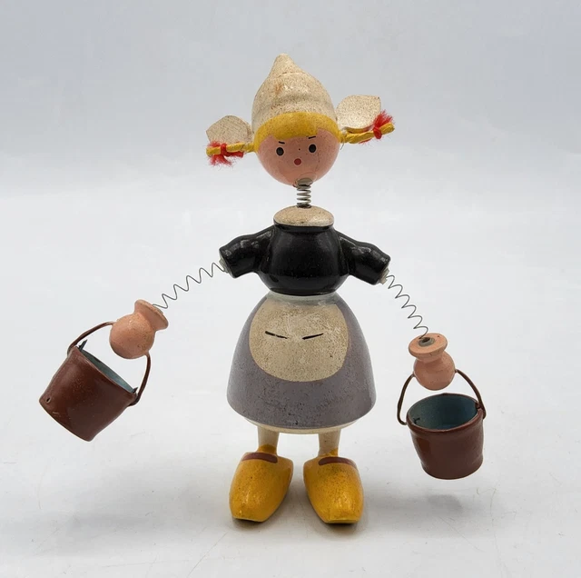 Ancien Jouet Bois Peint - Figurine Laitière Ferme - GOULA - Paysanne Vintage