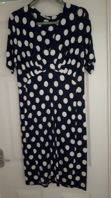 TU navy & white spot dress, size 14, pleated wrap over front