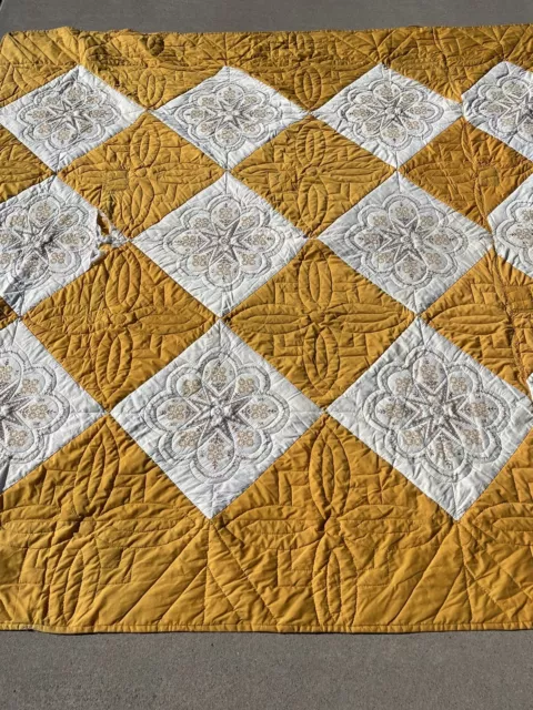 Vintage Hand Stitched Cheddar Yellow Embroidered Quilt 85” x 91”