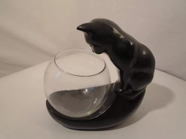 Vintage  Pottery Black Cat Sculpture with Fish Bowl Plant Holder 9"