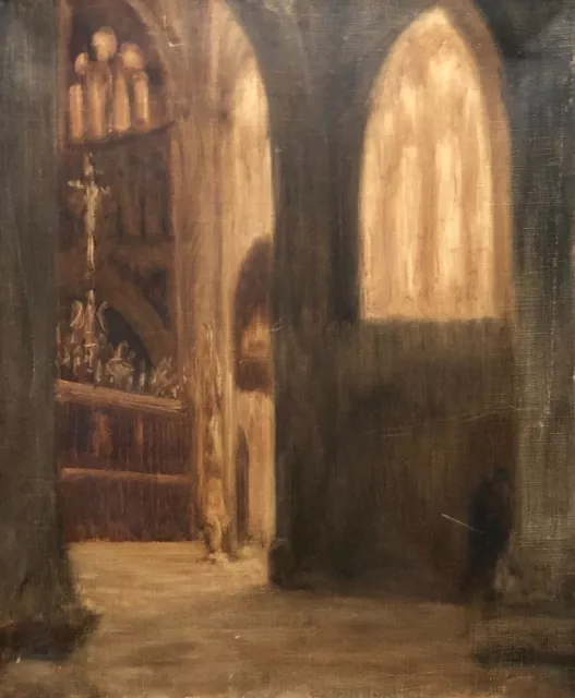 Tableau Ancien, Intérieur d'église, Huile Sur Toile, Peinture, Début XXe