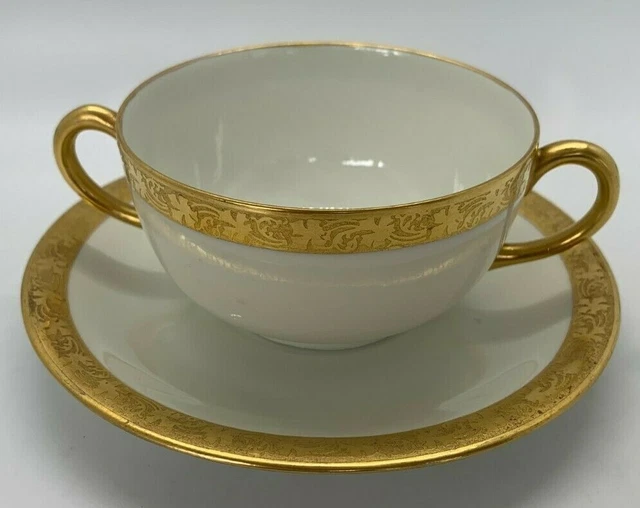 1918 France Limoges P & P Bouillon Broth Soup Cup Saucer Gold Encrusted Border
