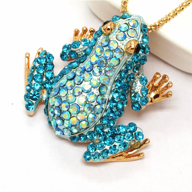 New Fashion Lady Blue Rhinestone Cute Frog Crystal Pendant Chain Women Necklace