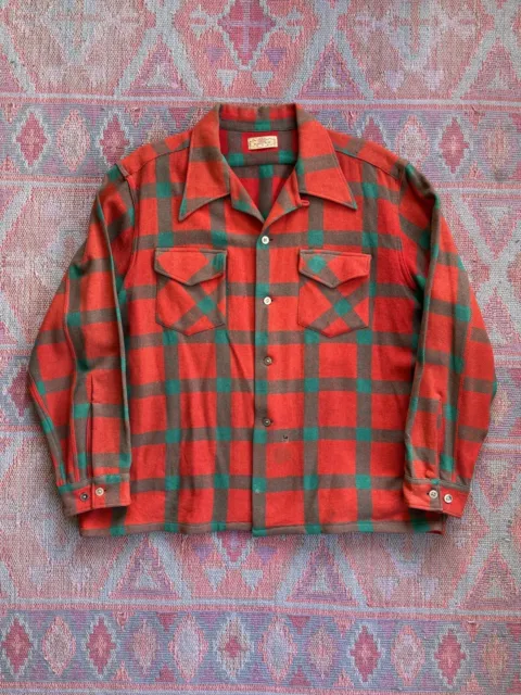 Vintage 1950s 1960s Brent Loop Collar Button Down Plaid Flannel Wool Shirt Large