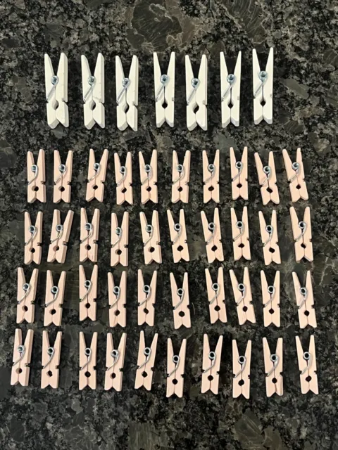 Lot 40 Light Pink & 7 White Mini Clothes Pins, 1" & 1.5", Wood, Great for Crafts
