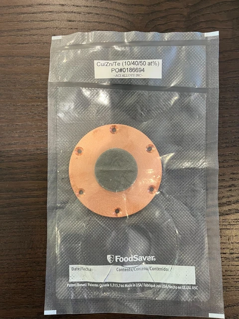 Sputtering Target, CuZnTe 10/40/50 at% 1.5"x0.125" bonded to Cu backing plate
