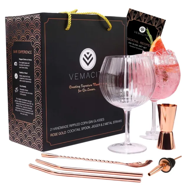 Ribbed Gin Glasses Set of 2 With Rose Gold Bar Accessories