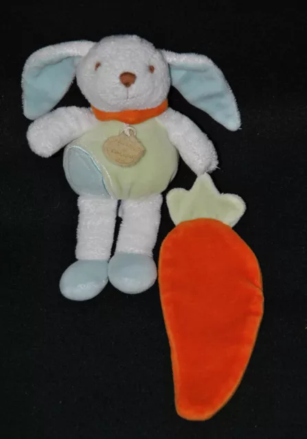 Peluche Lapin DOUDOU ET COMPAGNIE Blanc Vert Bleu Carotte Orange 17 / 22 Cm TTBE