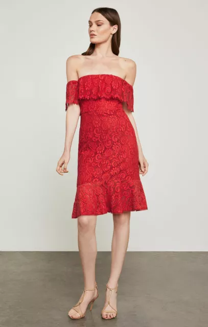 Nwt Bcbg Max Azria $298 Red Off The Shoulder Lace Overlay Ruffle Dress Sz 10