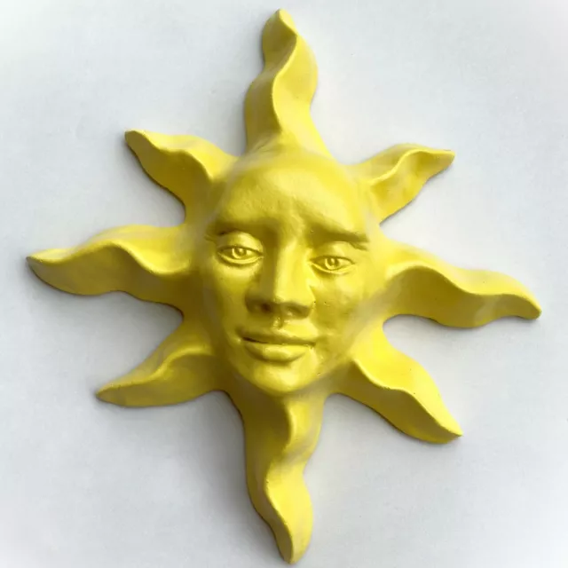 Collectible Western Art Yellow Sun Face Sculpture in Cast Stone, Signed Artwork