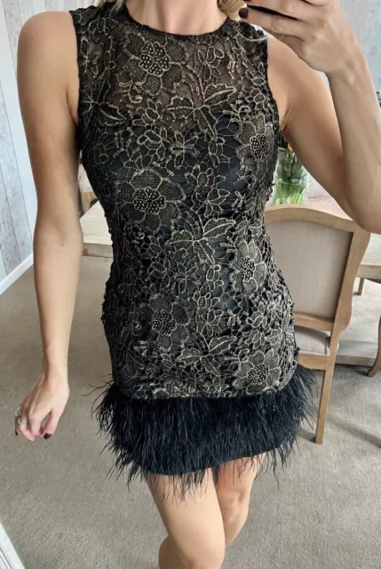 Lipsy VIP Black And Gold Wax Lace Open Back Ostrich Feather Dress Size 10 Bnwt