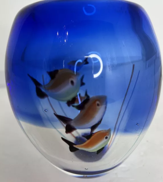 Vintage Collectible Murano Art Glass Cobalt Blue Bowl Vase with Swimming Fish