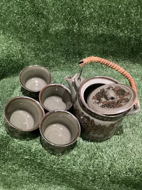 Vintage ASAHI Japan Green Tea Set Bamboo Handle Teapot Floral