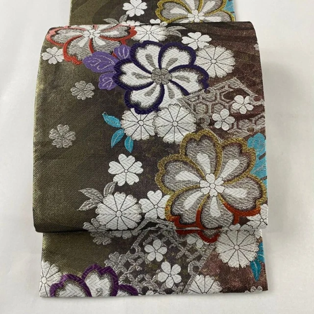 Japanese Kimono Obi Pure Silk Grass Flowers Embroidery Blackish Gray For Formal