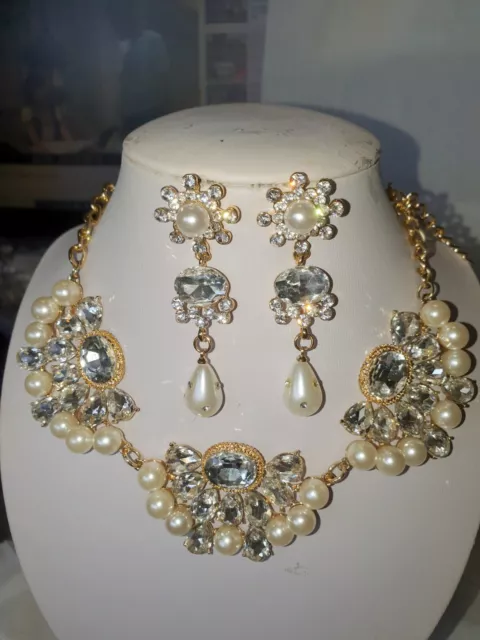 Pearl & Clear Diamante crystal Necklace & earrings set wedding prom new set d 3