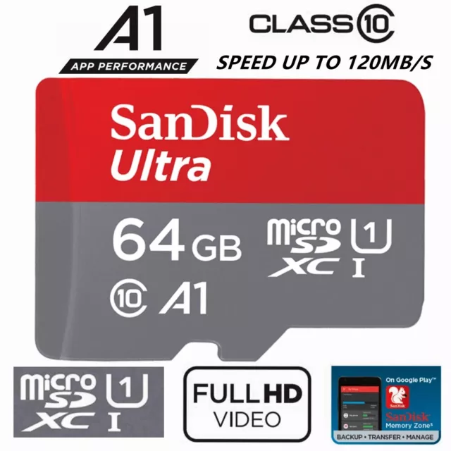 SanDisk Micro SD Card 64GB Ultra Class 10 SDXC Mobile Phone Camera A1 120Mb/s