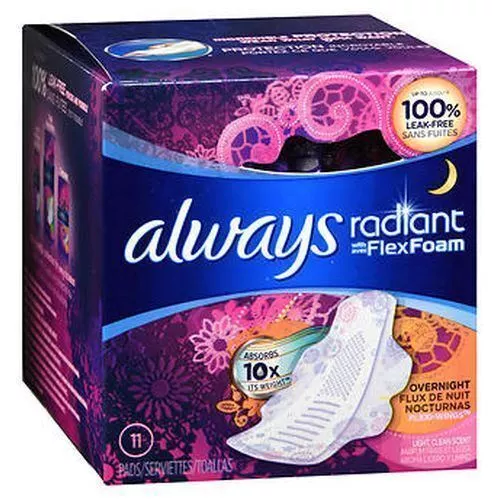 Always Radiante Almohadillas Con Flexi-Wings de Noche Flujo Luz Limpiar Aroma 10