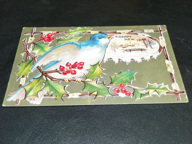 A Happy New Year, Bird With Holly, Village, Embossed, Vintage  Postcard-NICE