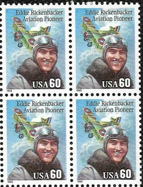 1995 Eddie Rickenbacker Block of 4 60c Postage Stamps, Sc# 2998, MNH, OG