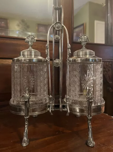 Rare Antique Rogers Smith & Co Silver Plate Double Pickle Jar Castor Set w Tongs