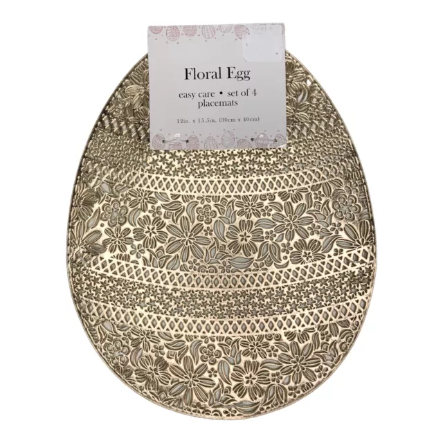 Benson Mills Vinyl Shiny Gold Placemats Filigree Floral Easter Egg Shaped Set 4