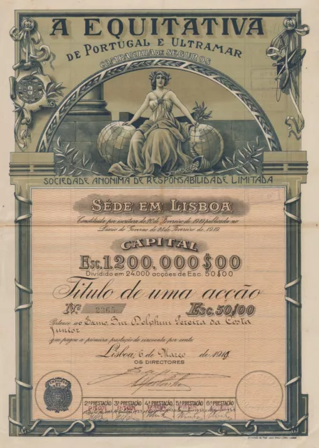 PORTUGAL INSURANCE CO stock certificate/bond 1919 A EQUITATIVA