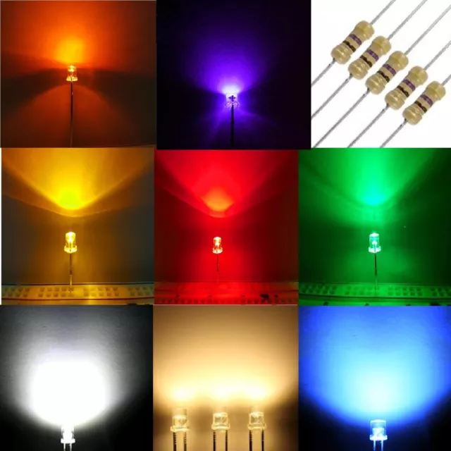 DIODI LED TESTA PIATTA 3mm 5mm flat top + RESISTENZE BIANCO ROSSO VERDE BLU UV