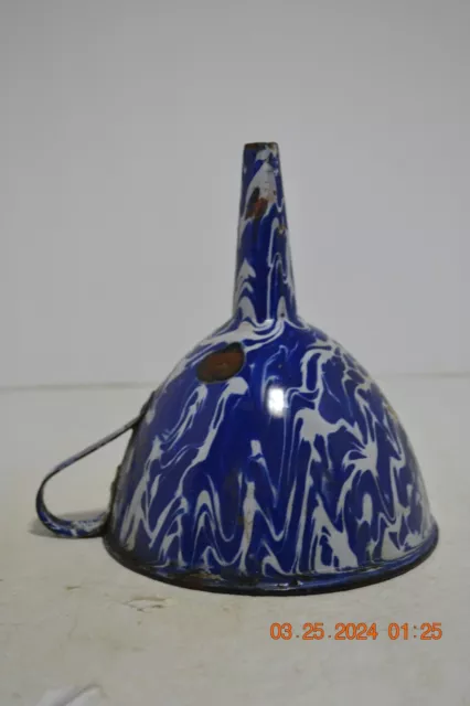 Early Country Cobalt Blue & White Enamel Splatterware Swirl Graniteware Funnel