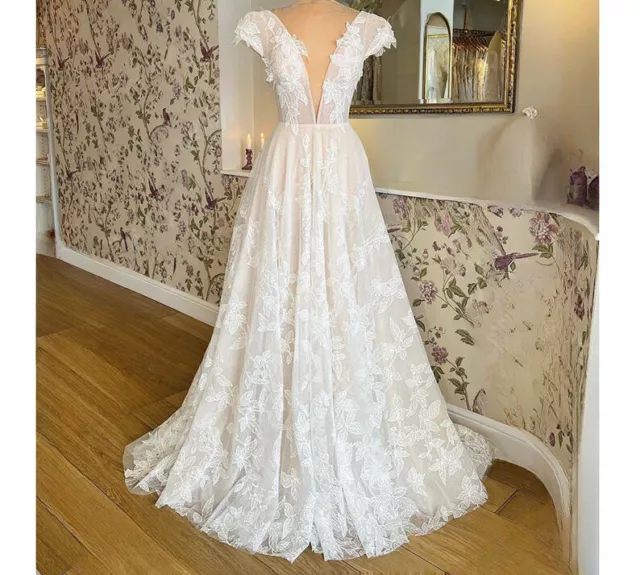 Gorgeous A Line Wedding Dresses Deep V Neck Cap Sleeve Lace Applique Bridal Gown