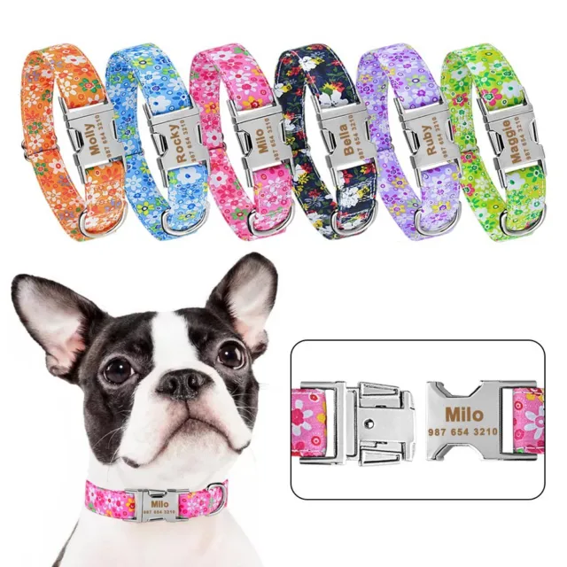 Personalised Dog Collar Engraved Name ID Tag Girl Flower Pet Collars Small Large