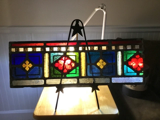 RARE Authentic Antique 19th C Salvaged Leaded Stained Glass Panel 22 1/4 x 7 3/4