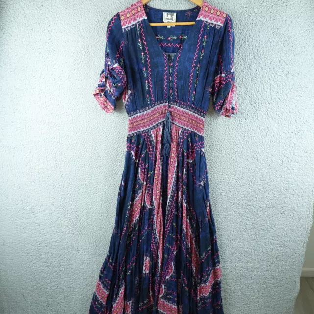 Jaase Womens Dress Medium Blue Maxi Long Button Floral Boho Hippie Festival Knit
