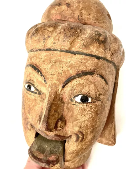 Antique 19Th Burmese Carved Wood Marionette  Puppet Head  W/ Hinged Mouth