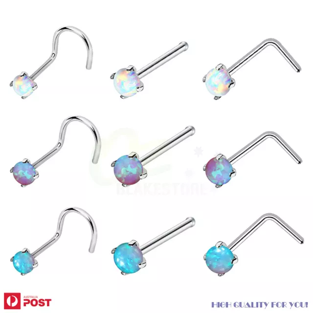 3PCS Nose Stud Ring Opal Stone L Spiral Surgical Steel Body Piercing Jewellery