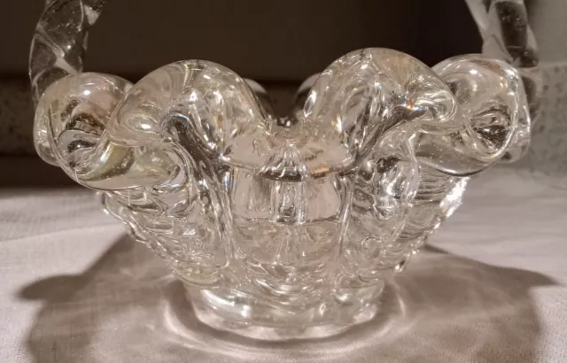 Czech Blown Clear Art Glass Basket Twist Rope Handle Heavy MCM Circa 1950 2