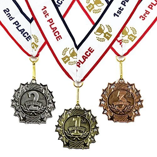 1st 2nd 3rd Place Ten Star Award Medals - Piece Set (Gold Silver Bronze) Neck