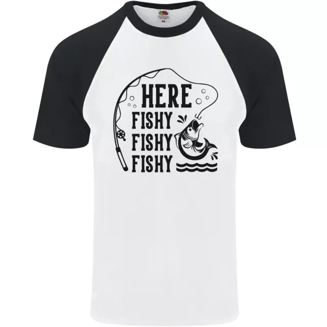 Here Fishy Fishy Funny Fishing Fisherman Mens S/S Baseball T-Shirt