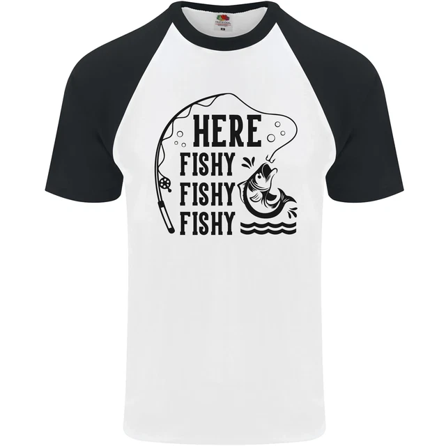 Here Fishy Fishy Funny Fishing Fisherman Mens S/S Baseball T-Shirt